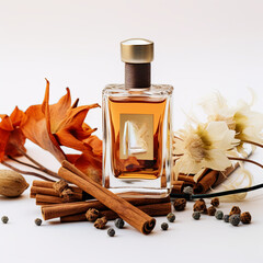 A transparent bottle of essential oil with a black lid sits on a white background, surrounded by cinnamon sticks and star anise, representing aromatherapy and natural wellness.