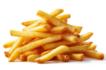Realistic photograph of a towering stack of golden brown french fries, isolated on white background