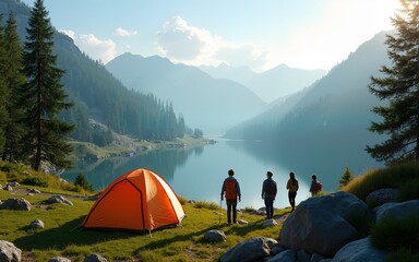 Camping with friends near lake and mountain, camping tent setup near river or mountain on afternoon or morning, hiking and camping on hill-side, enjoying vacation on camping, ai generated