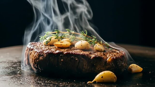 Closeup view of a flavorful steak with fresh herbs and garlic perfectly cooked and ready to eat highlighting culinary artistry and food photography techniques