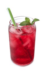 Tasty cherry soda water with ice cubes and mint isolated on white