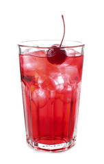 Tasty cherry soda water with ice cubes and berry isolated on white