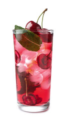 Tasty cherry soda water with ice cubes, berries and mint isolated on white
