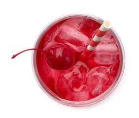 Tasty cherry soda water with ice cubes and berry isolated on white