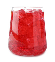Tasty cherry soda water with ice cubes isolated on white