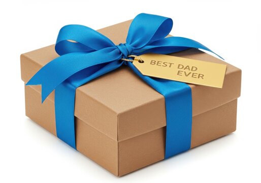 A gift box with a blue ribbon and a tag that says best dad ever on a white background in a studio shot