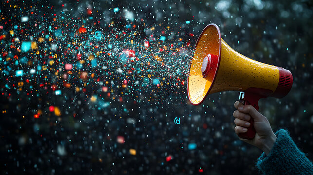 Colorful confetti bursts from a yellow megaphone held in a hand against a blurred background - Powered by Adobe