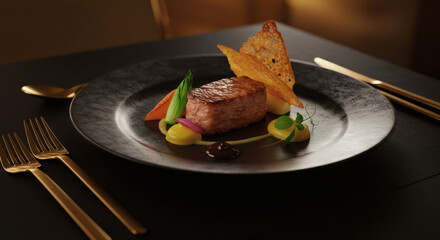 Gourmet Pan Seared Steak Dinner Plate with Vegetables and Crispy Garnish