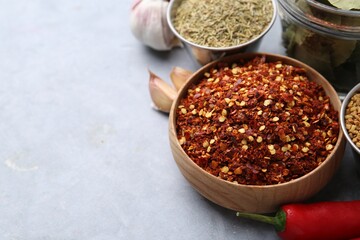 Different aromatic spices on grey table, closeup. Space for text
