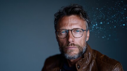 Fototapeta premium A portrait of a distinguished man with an introspective expression, donned in a stylish brown leather jacket, glasses, and a rugged beard, conveying wisdom and contemporary charisma.