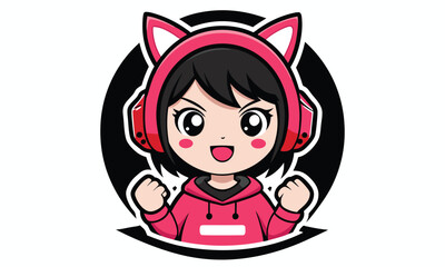 Cute anime girl with cat ears and headphones celebrating victory with clenched fists perfect for gaming logos and esports branding