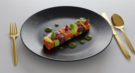 Gourmet Seafood and Vegetable Dish on Black Plate with Gold Cutlery