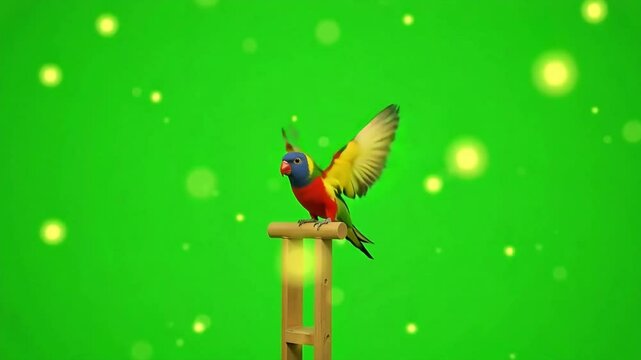 Vibrant lorikeet flapping wings on a perch against bright green screen sparkles, ideal for chroma keying.