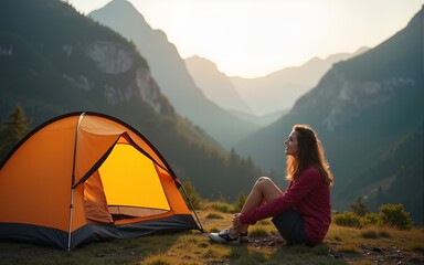 girl relax in campsite, tourist in camp tent  trip on mountain nature, hiker woman enjoys  valley camping trip. High quality