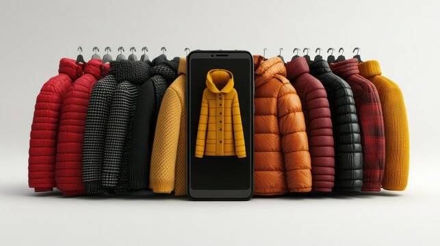 Colorful jackets on hangers; phone displays a yellow jacket