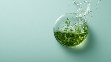 An artistic representation of green liquid splashing in a petri dish, showcasing the beauty of science and nature in harmony through vibrant colors and dynamic movement.
