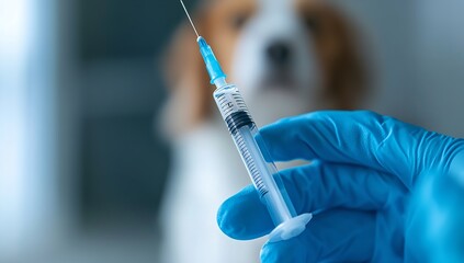 Close-Up of Hand in Blue Gloves Holding Syringe with Gray Liquid – Blurred Dog in Background, Veterinary Care Concept