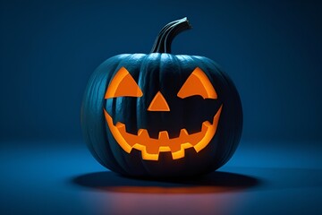Glowing Jack-o'-Lantern Halloween Pumpkin on Dark Blue Background