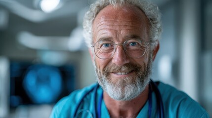 A smiling older doctor with a beard and glasses radiates warmth and professionalism in a medical environment, embodying trust and care for patients.