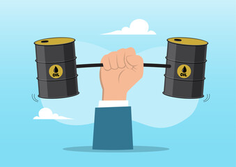A strong hand lifting a barbell with oil barrels as weights