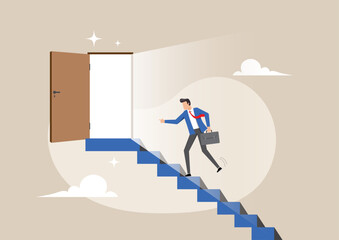 A businessman walking up blue stairs toward an open door