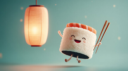 Cute character smiling sushi with lantern 