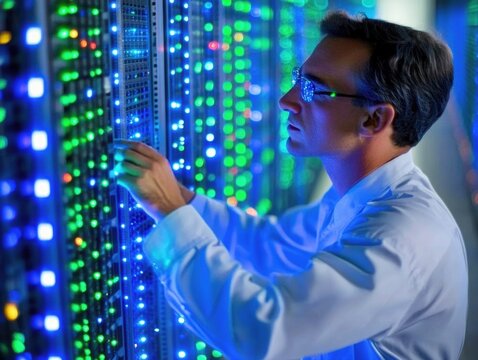 A technician in a lab coat examines illuminated server racks filled with colorful lights in a data center during nighttime. The atmosphere is focused and high-tech.