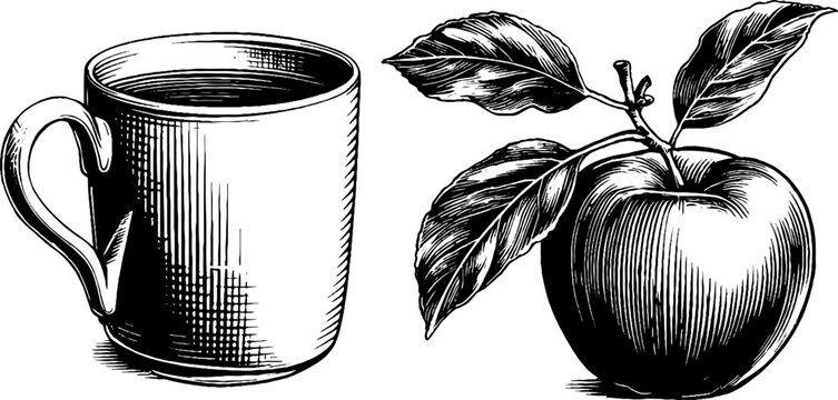 Vintage apple cider mug with cinnamon and orchard theme for culinary design