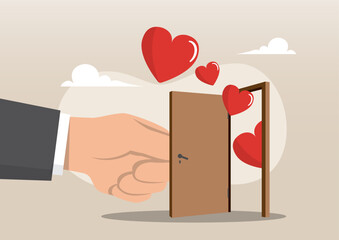 A large hand opening a door from which red hearts are flowing out