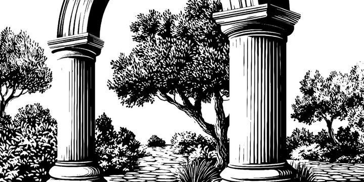 Classical archway with columns and trees in black and white sketch for retro decor