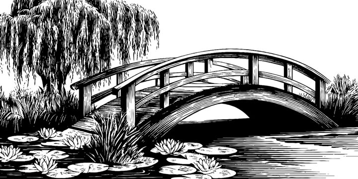 Vintage illustration of arched wooden footbridge and weeping willow for design use