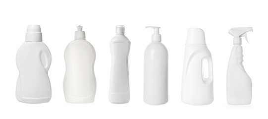 Bottles with detergents isolated on white, set
