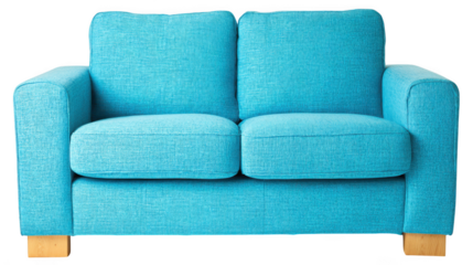 Comfortable modern two seater sofa with bright turquoise fabric upholstery and wooden legs isolated on transparent background