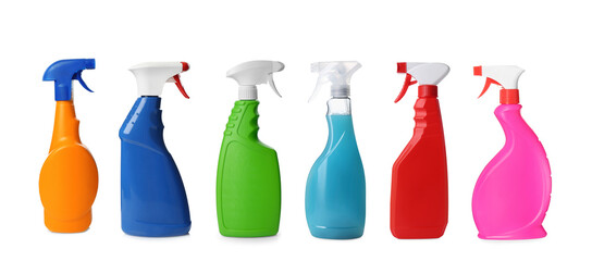 Spray bottles with detergents isolated on white, set
