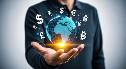 Businessman holding a glowing global network with various international currency symbols for finance, investment, and worldwide financial exchange