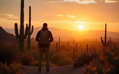 Male hiker enjoying a golden sunrise and sunset with the cactuses in Tucson Arizona in Saguaro National Park. High quality