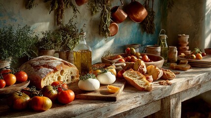 Fototapeta premium Italian Kitchen Table With Fresh Food