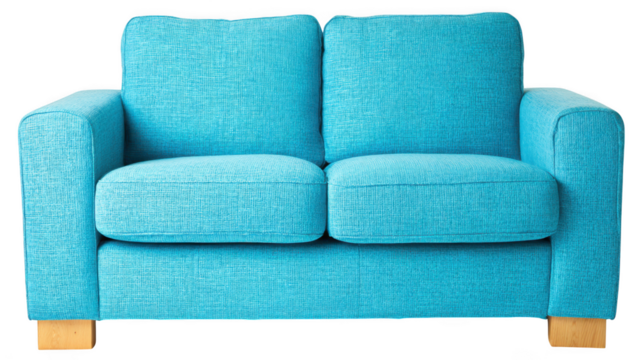Comfortable modern two seater sofa with bright turquoise fabric upholstery and wooden legs isolated on transparent background