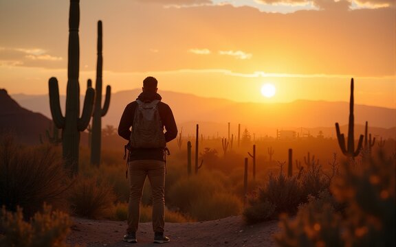 Male hiker enjoying a golden sunrise and sunset with the cactuses in Tucson Arizona in Saguaro National Park. High quality - Powered by Adobe