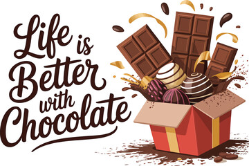 Chocolate Day lettering with chocolate piece and hearts perfect for greeting cards social media posts or promotional material