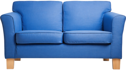 Comfortable blue fabric two seater sofa with wooden legs isolated on transparent background