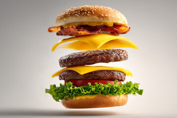 A burger layer spread flying in the air, commercial photography, isolated on white background