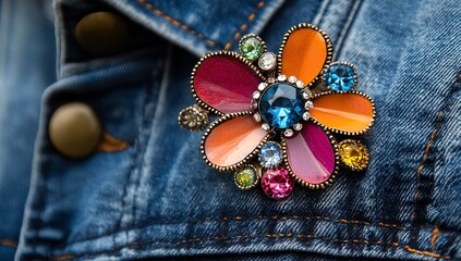 Close-Up of Woman Wearing Embroidered Floral Brooch with Gemstones on Denim Jacket &ndash; Colorful Streetwear Accessory