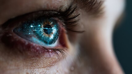 An extreme close-up of an eye reflects digital effects and intricate data visualization, symbolizing the intersection of technology and human perception.