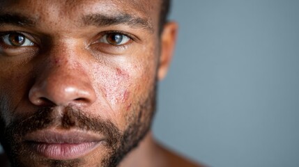Fototapeta premium A close-up shot of a man with striking eyes and facial scars conveys strength and resilience, highlighting the stories behind a person's life experiences and challenges faced.
