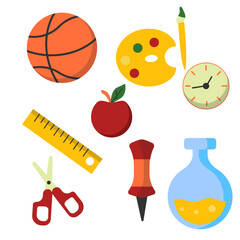 Seamless vector pattern with various school elements like basketball, ruler, apple, clock, pencil, paint palette, and laboratory equipment. Perfect for educational backgrounds, school materials,
