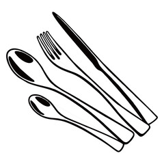 Silhouette image of spoon and fork on white background