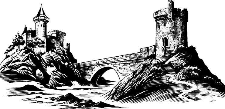 Medieval castle and stone bridge across river for historical map design