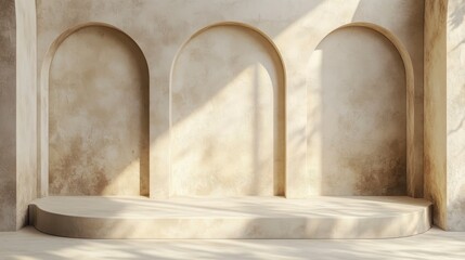 Beige stucco wall with three arched niches and a platform, sunlit.