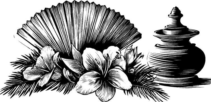 Ceremonial fan with floral garland and prayer vase for cultural festivities and decor